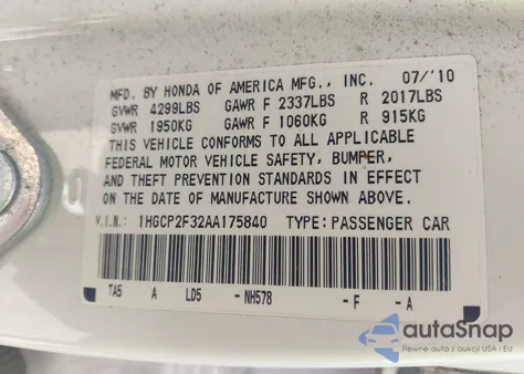 2010 Honda Accord 2.4 Lx из США, поврежденный, VIN 1HGCP2F32AA175840